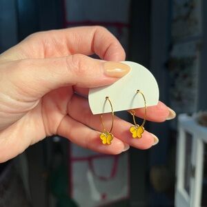 Gold Hoop Earrings with Yellow Butterfly Charms